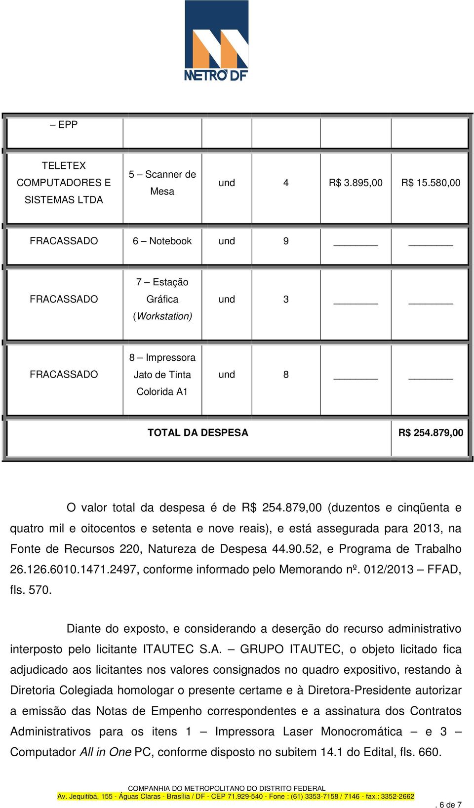 879,00 (duzentos e cinqüenta e quatro mil e oitocentos e setenta e nove reais), e está assegurada para 2013, na Fonte de Recursos 220, Natureza de Despesa 44.90.52, e Programa de Trabalho 26.126.6010.