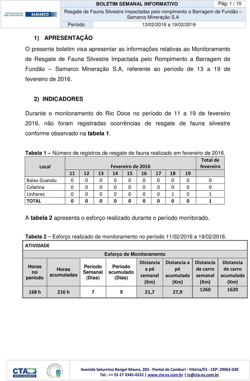 2) INDICADORES Durante o monitoramento do Rio Doce no período de 11 a 19 de fevereiro 2016, não foram registradas ocorrências de resgate de fauna silvestre conforme observado na tabela 1.