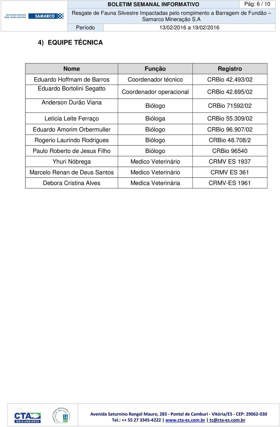 695/02 Anderson Durão Viana Biólogo CRBio 71592/02 Letícia Leite Ferraço Bióloga CRBio 55.309/02 Eduardo Amorim Orbermuller Biólogo CRBio 96.