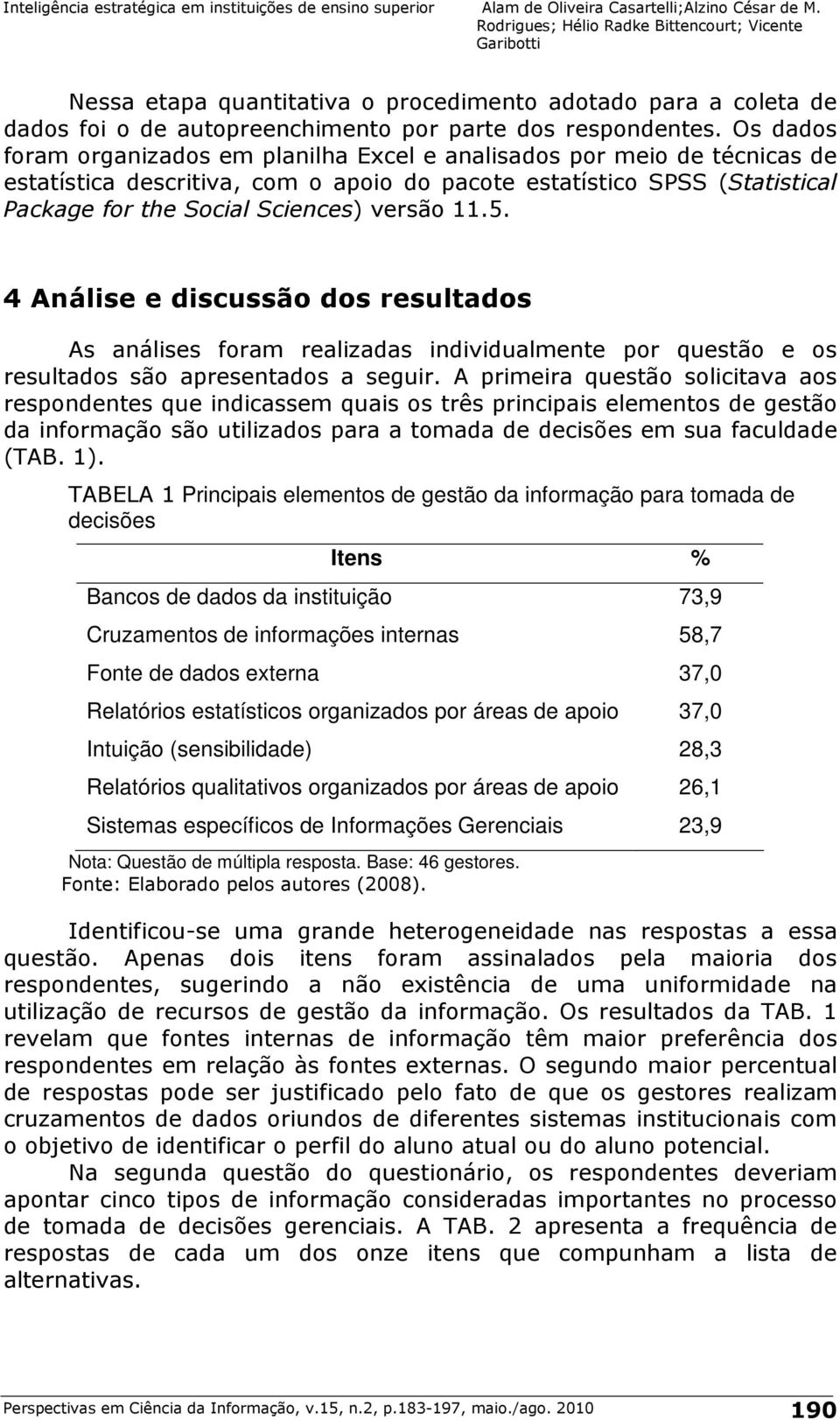 11.5. 4 Análise e discussão dos resultados As análises foram realizadas individualmente por questão e os resultados são apresentados a seguir.