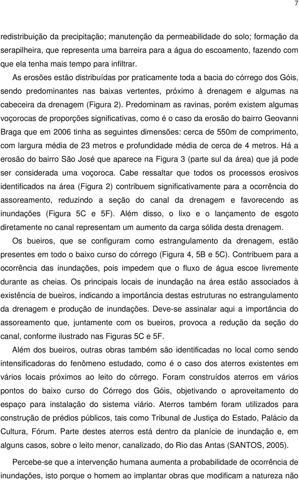 Predominam as ravinas, porém existem algumas voçorocas de proporções significativas, como é o caso da erosão do bairro Geovanni Braga que em 2006 tinha as seguintes dimensões: cerca de 550m de