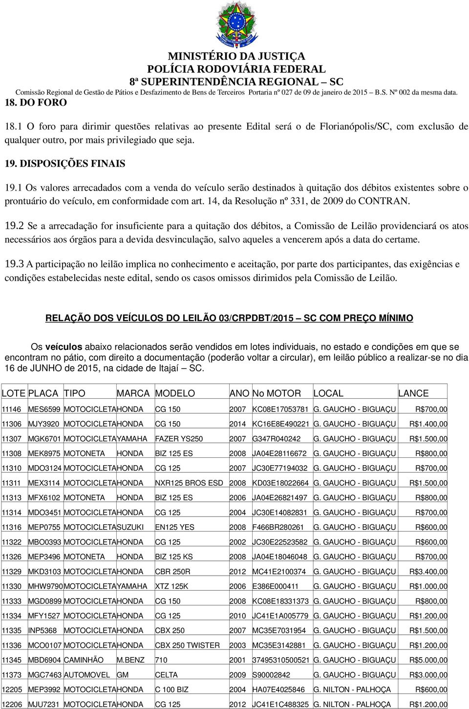 19.2 Se a arrecadação for insuficiente para a quitação dos débitos, a Comissão de Leilão providenciará os atos necessários aos órgãos para a devida desvinculação, salvo aqueles a vencerem após a data