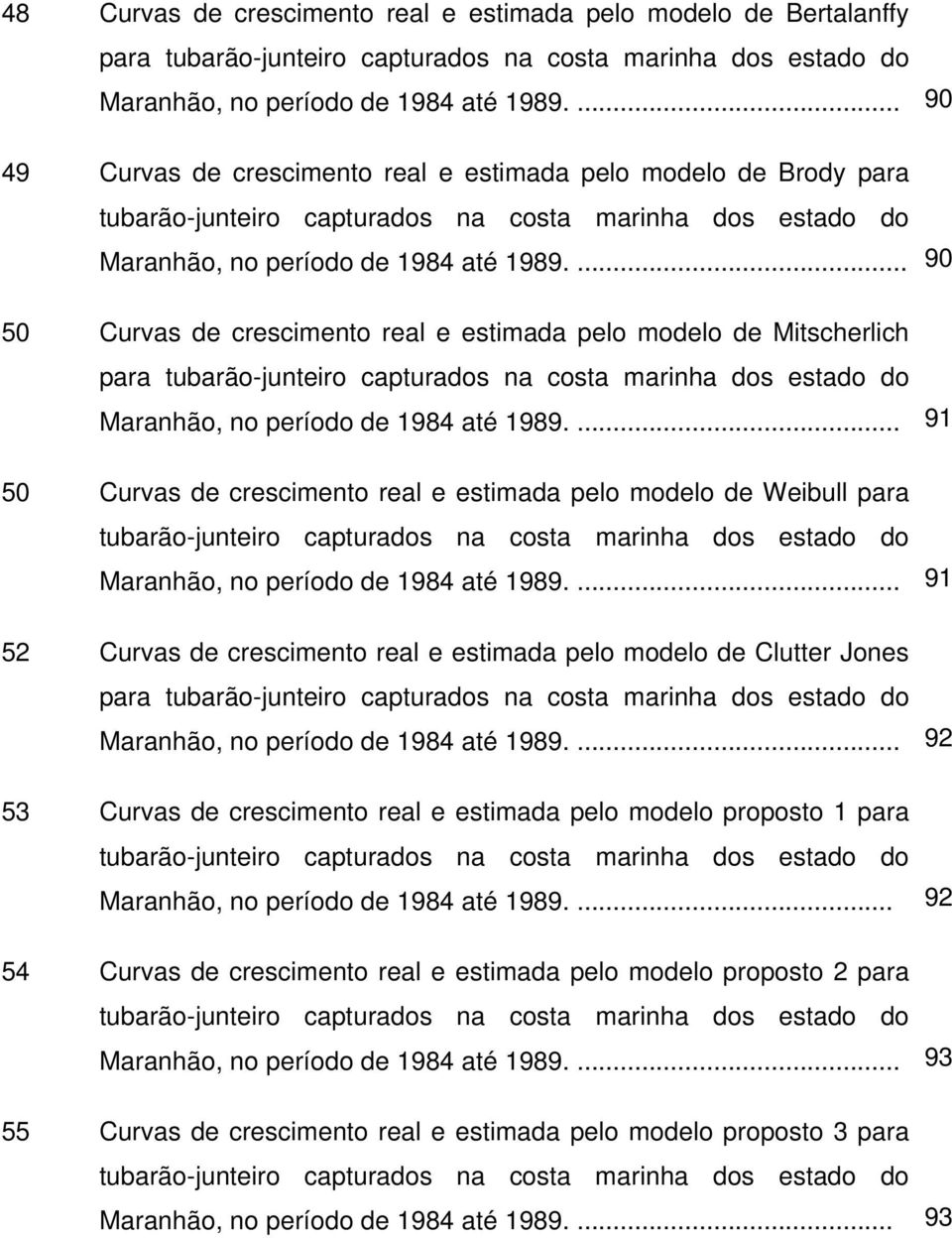 ... 90 50 Curvas de crescmento real e estmada pelo modelo de Mtscherlch para tubarão-juntero capturados na costa marnha dos estado do Maranhão, no período de 984 até 989.