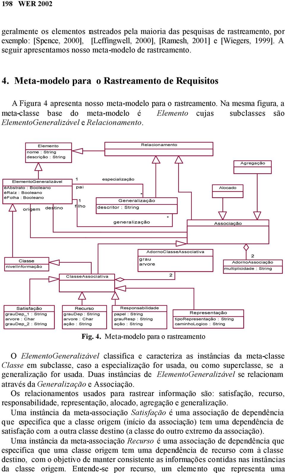 Na mesma figura, a meta-classe base do meta-modelo é Elemento cujas subclasses são ElementoGeneralizável e Relacionamento.