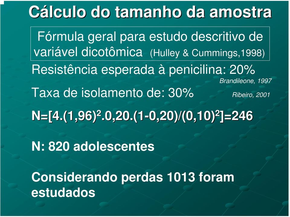 Brandileone, 1997 Taxa de isolamento de: 30% Ribeiro, 2001 N=[4.(1,96) 2.0,20.