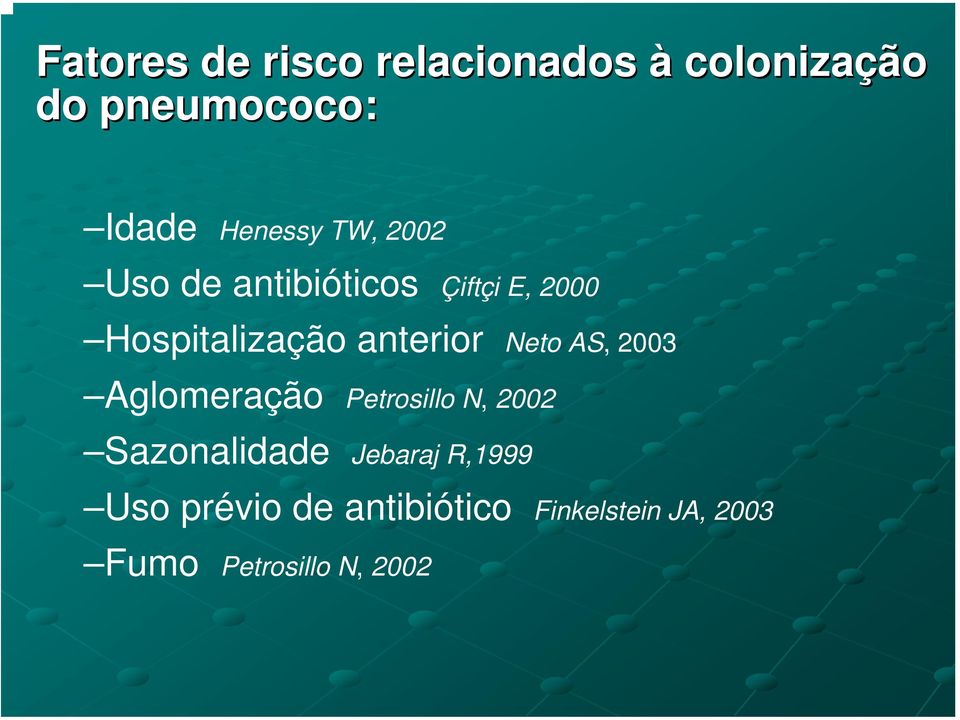 anterior Neto AS, 2003 Aglomeração Petrosillo N, 2002 Sazonalidade