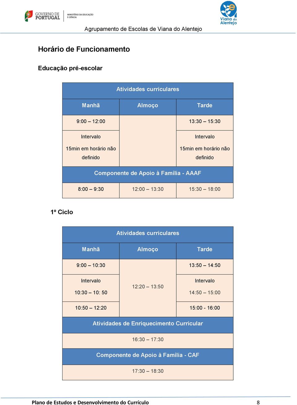 18:00 1º Ciclo Atividades curriculares Manhã Almoço Tarde 9:00 10:30 13:50 14:50 Intervalo 10:30 10: 50 12:20 13:50 Intervalo