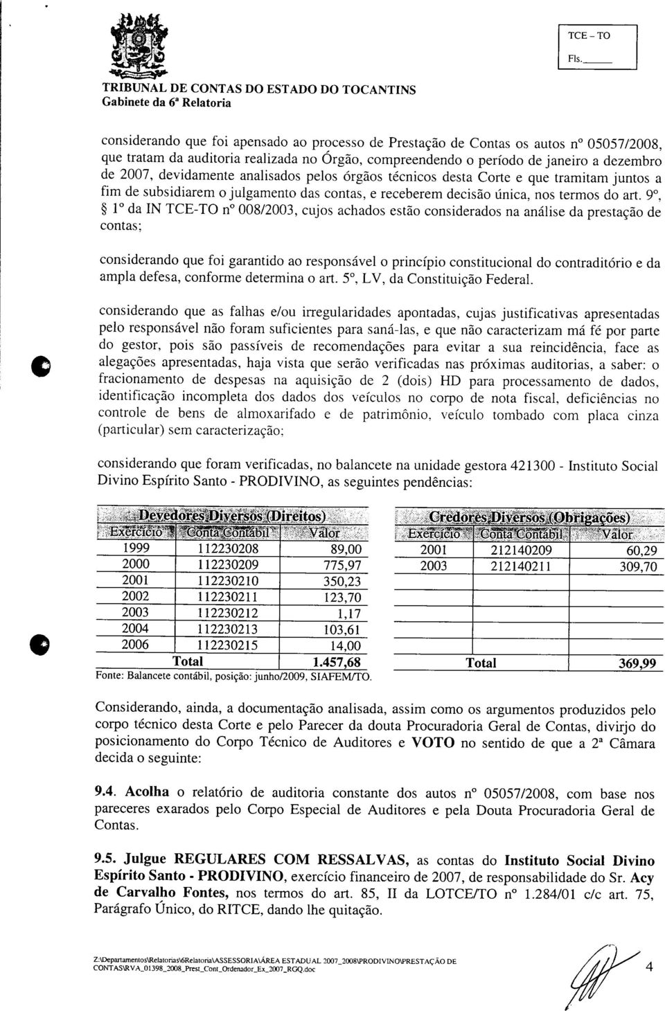 9o, Io da IN TCE-TO n 008/2003, cujos achados estão considerados na análise da prestação de contas; considerando que foi garantido ao responsável o princípio constitucional do contraditório e da