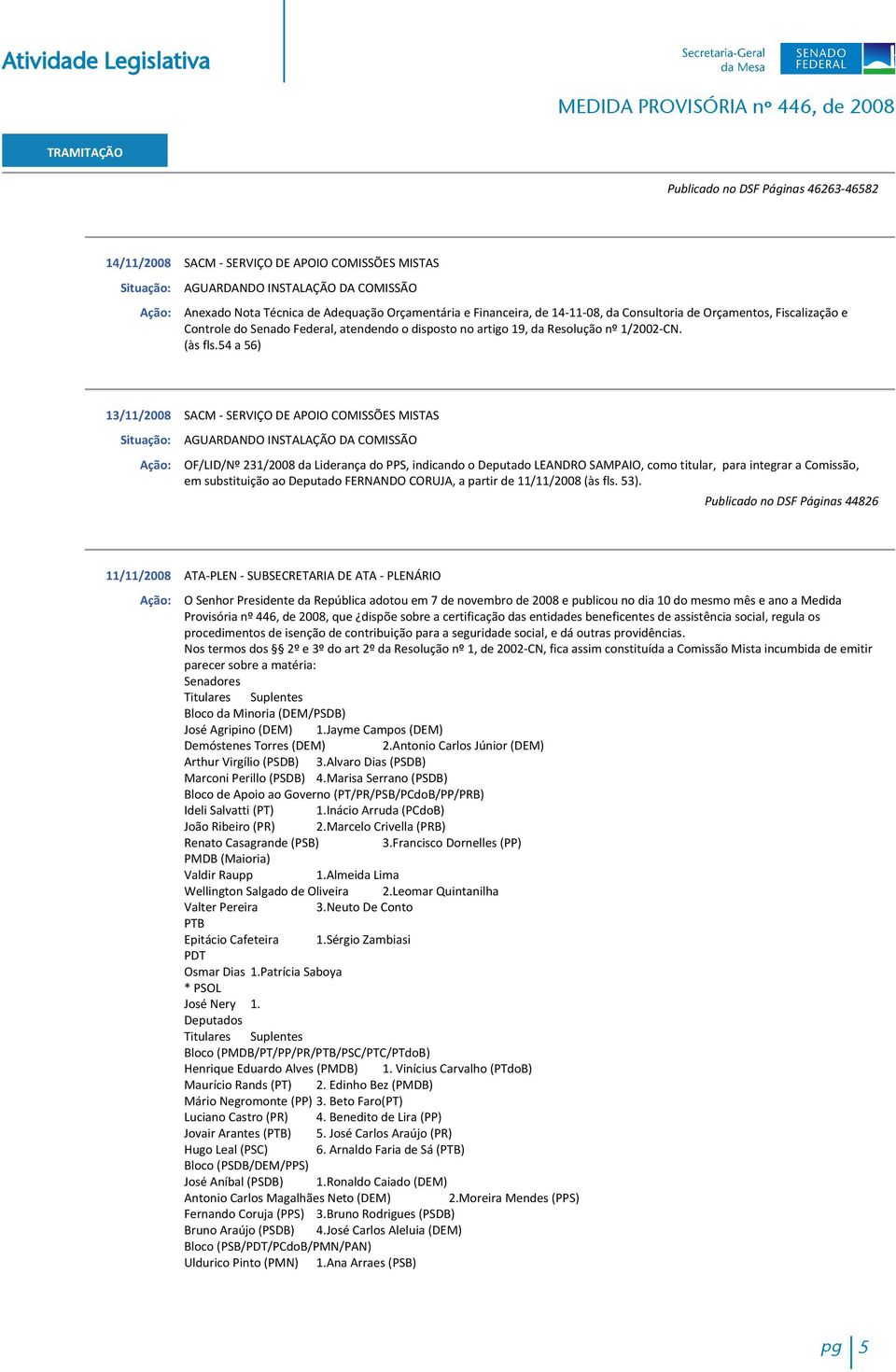 54 a 56) 13/11/2008 SACM - SERVIÇO DE APOIO COMISSÕES MISTAS AGUARDANDO INSTALAÇÃO DA COMISSÃO OF/LID/Nº 231/2008 da Liderança do PPS, indicando o Deputado LEANDRO SAMPAIO, como titular, para