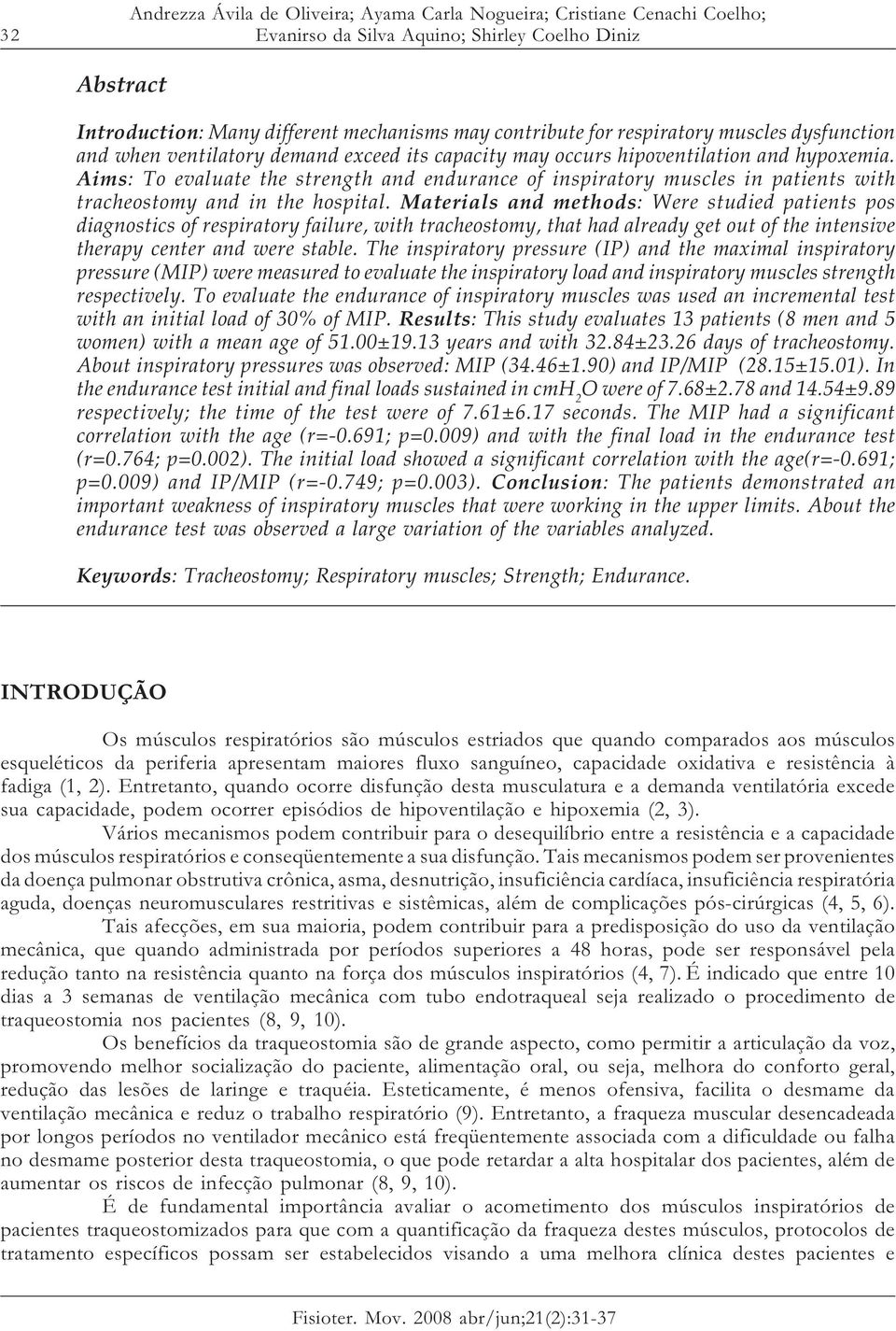 Aims: To evaluate the strength and endurance of inspiratory muscles in patients with tracheostomy and in the hospital.