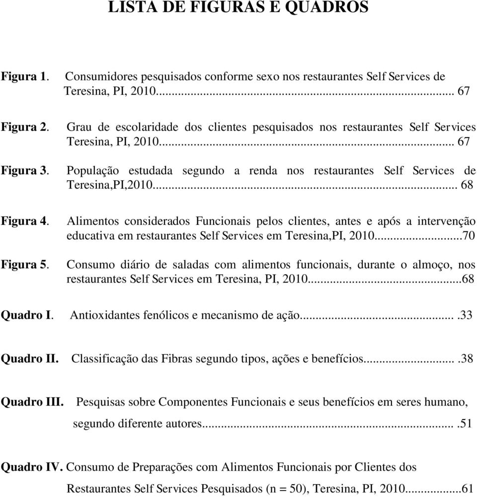 .. 68 Alimentos considerados Funcionais pelos clientes, antes e após a intervenção educativa em restaurantes Self Services em Teresina,PI, 2010.