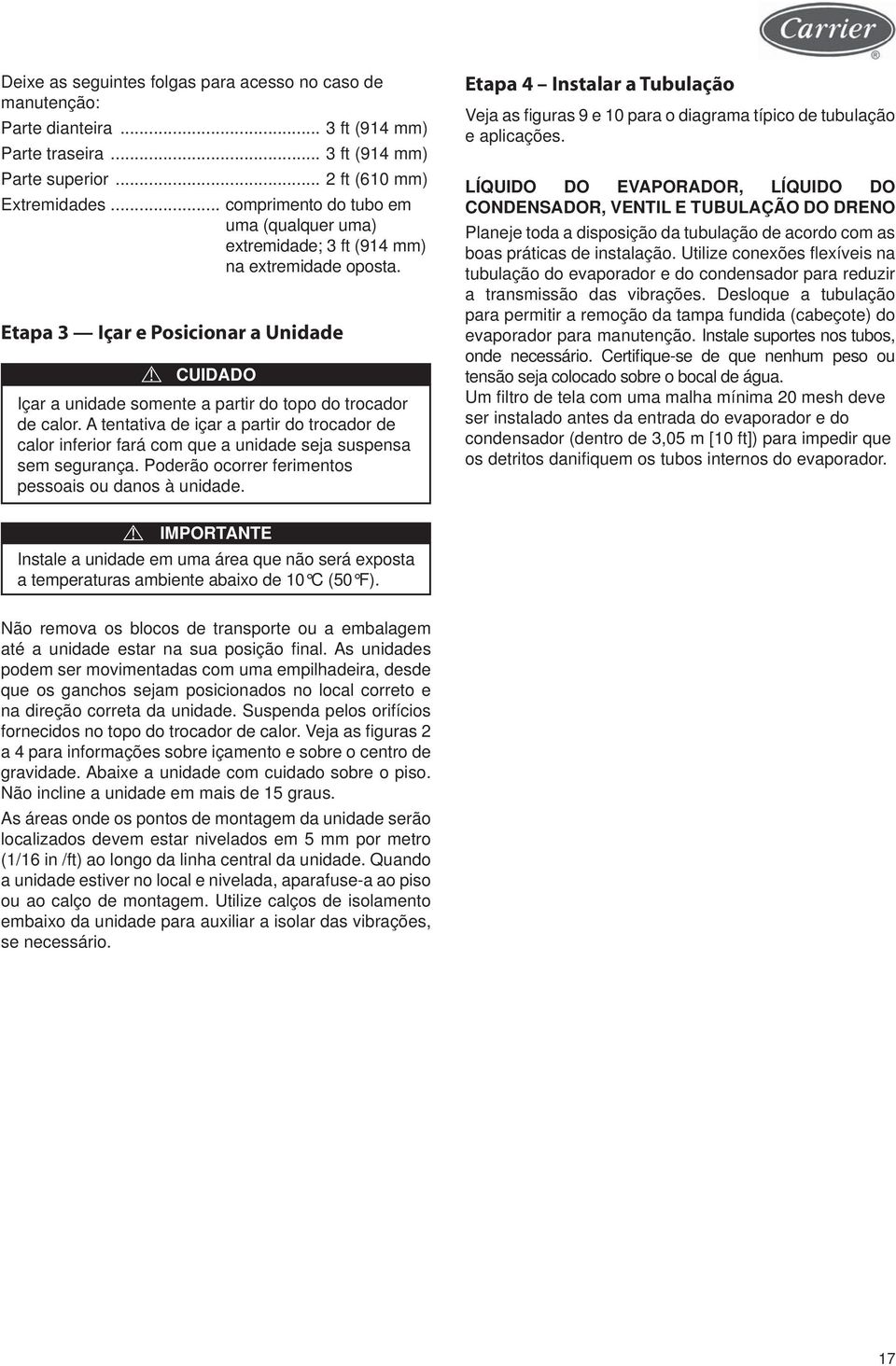 A tentativa de içar a partir do trocador de calor inferior fará com que a unidade seja suspensa sem segurança. Poderão ocorrer ferimentos pessoais ou danos à unidade.