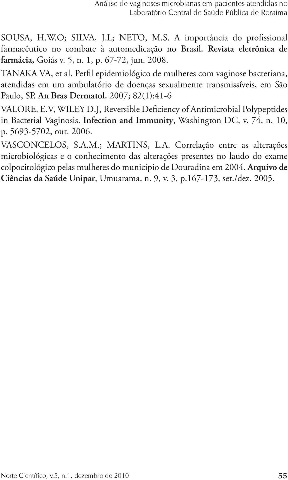 Perfil epidemiológico de mulheres com vaginose bacteriana, atendidas em um ambulatório de doenças sexualmente transmissíveis, em São Paulo, SP. An Bras Dermatol. 2007; 82(1):41-6 VALORE, E.V, WILEY D.