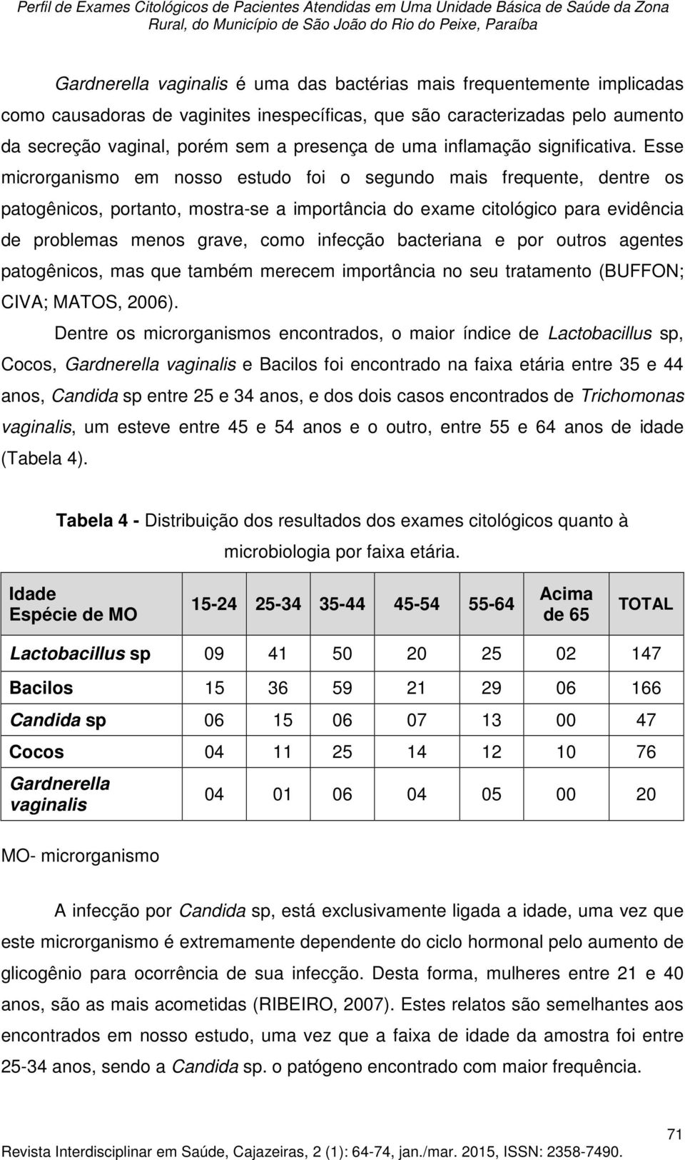 Esse microrganismo em nosso estudo foi o segundo mais frequente, dentre os patogênicos, portanto, mostra-se a importância do exame citológico para evidência de problemas menos grave, como infecção