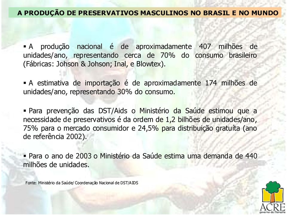 Para prevenção das DST/Aids o Ministério da Saúde estimou que a necessidade de preservativos é da ordem de 1,2 bilhões de unidades/ano, 75% para o mercado consumidor e 24,5%