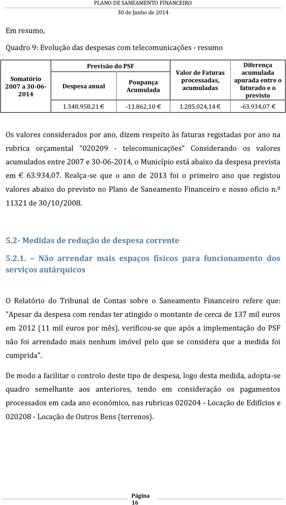 934,07 Os valores considerados por ano, dizem respeito às faturas registadas por ano na rubrica orçamental "020209 - telecomunicações" Considerando os valores acumulados entre 2007 e 30-06-2014, o