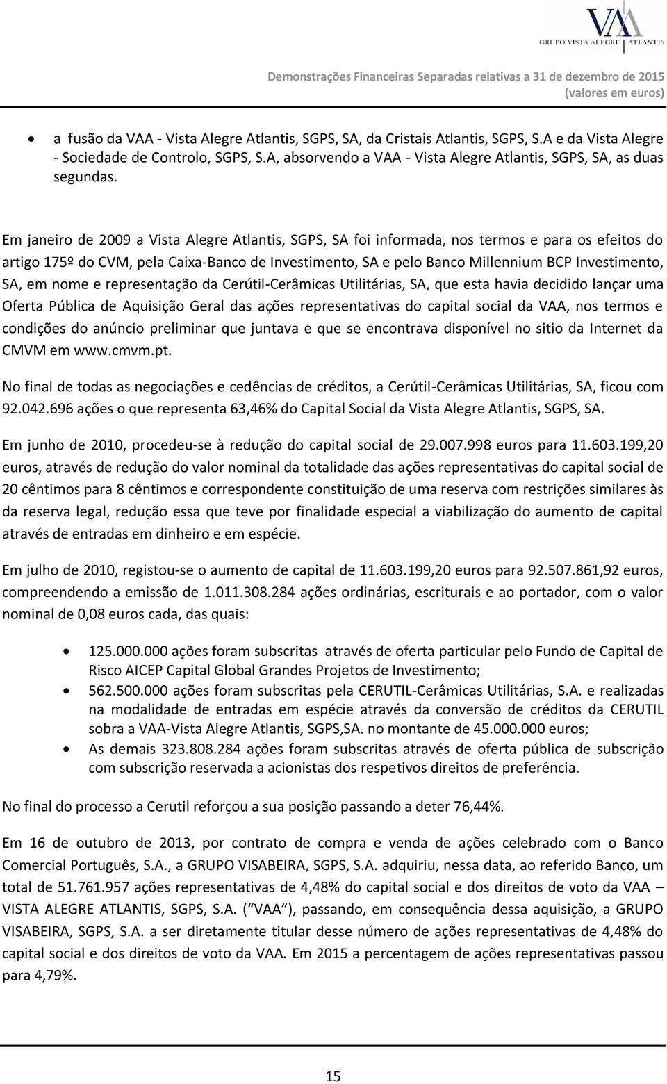 Em janeiro de 2009 a Vista Alegre Atlantis, SGPS, SA foi informada, nos termos e para os efeitos do artigo 175º do CVM, pela Caixa-Banco de Investimento, SA e pelo Banco Millennium BCP Investimento,