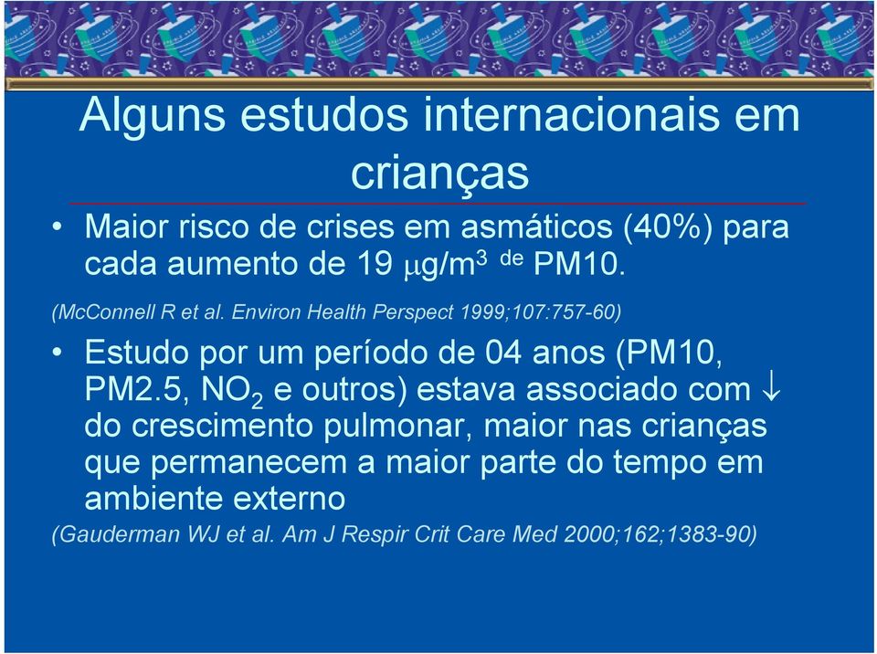 Environ Health Perspect 1999;107:757-60) Estudo por um período de 04 anos (PM10, PM2.