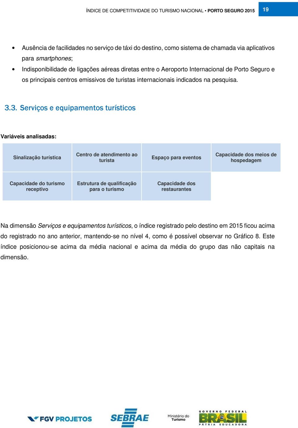 3. Serviços e equipamentos turísticos Variáveis analisadas: Sinalização turística Centro de atendimento ao turista Espaço para eventos Capacidade dos meios de hospedagem Capacidade do turismo