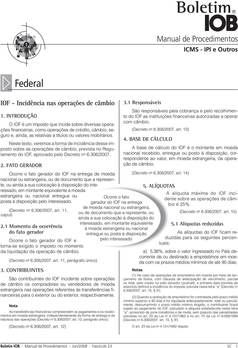 Neste texto, veremos a forma de incidência desse imposto sobre as operações de câmbio, prevista no Regulamento do IOF, aprovado pelo Decreto n o 6.306/2007. 2.