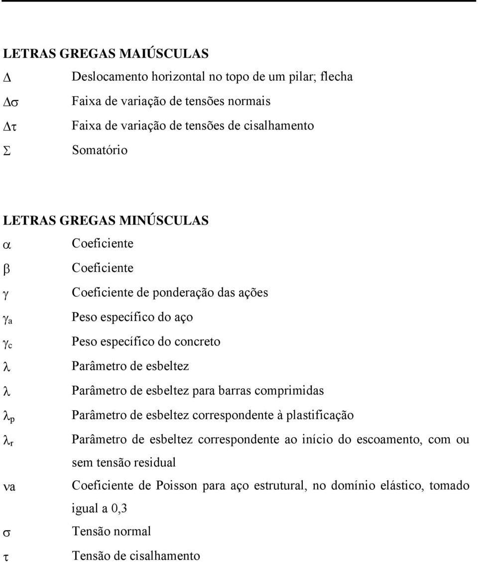 do concreto Parâmetro de esbeltez Parâmetro de esbeltez para barras comprimidas Parâmetro de esbeltez correspondente à plastificação Parâmetro de esbeltez