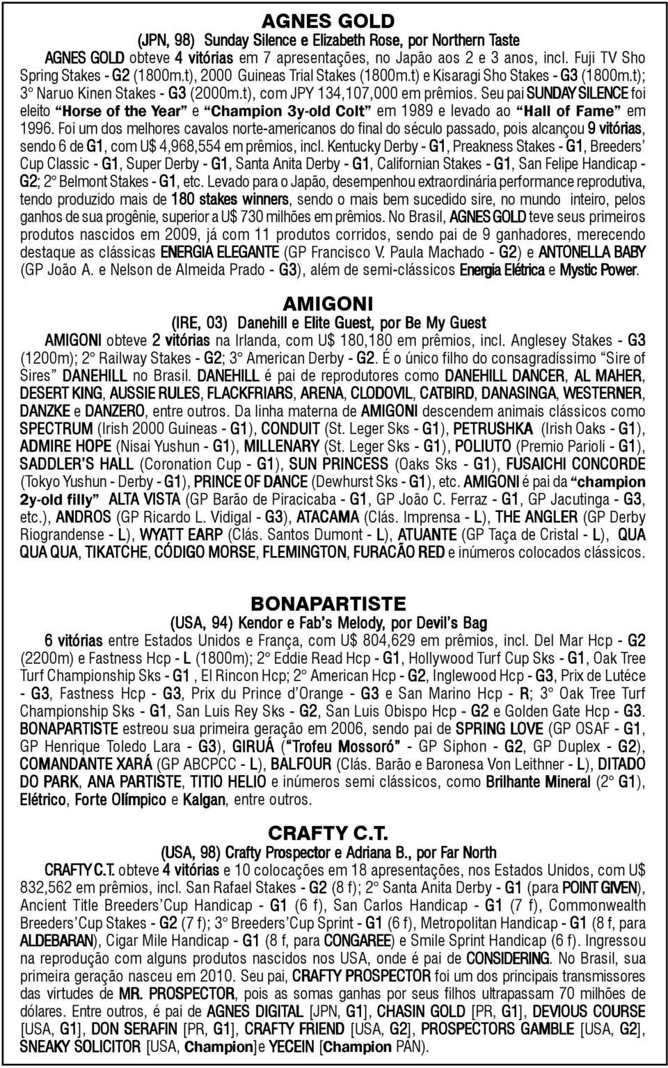 Seu pai SUNDAY SILENCE foi eleito Horse of the Year e Champion 3yold Colt em 1989 e levado ao Hall of Fame em 1996.