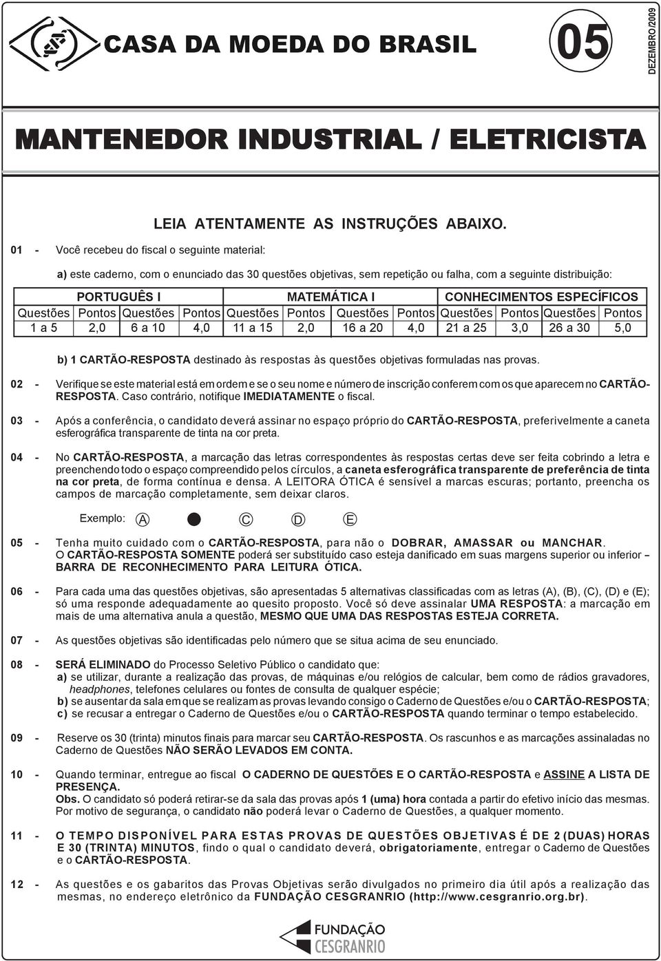 MATEMÁTICA I Pontos Questões 2,0 16 a 20 Pontos 4,0 CONHECIMENTOS ESPECÍFICOS Questões Pontos Questões Pontos 21 a 25 3,0 26 a 30 5,0 b) 1 CATÃO-ESPOSTA destinado às respostas às questões objetivas