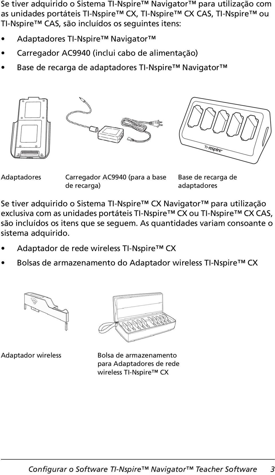 adaptadores Se tiver adquirido o Sistema TI-Nspire CX Navigator para utilização exclusiva com as unidades portáteis TI-Nspire CX ou TI-Nspire CX CAS, são incluídos os itens que se seguem.