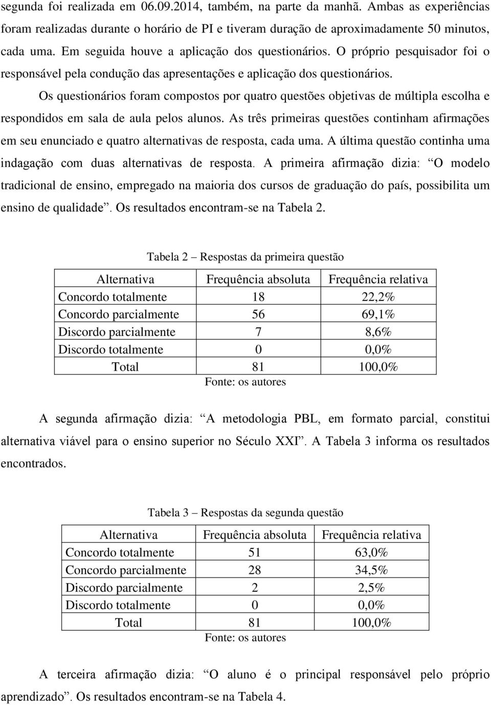 Os questionários foram compostos por quatro questões objetivas de múltipla escolha e respondidos em sala de aula pelos alunos.