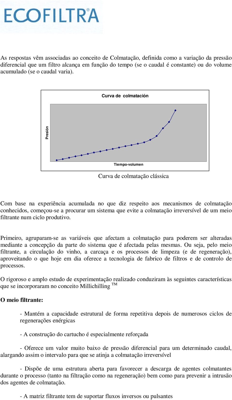 Curva de colmatación Presión Tiempo-volumen Curva de colmatação clássica Com base na experiência acumulada no que diz respeito aos mecanismos de colmatação conhecidos, começou-se a procurar um