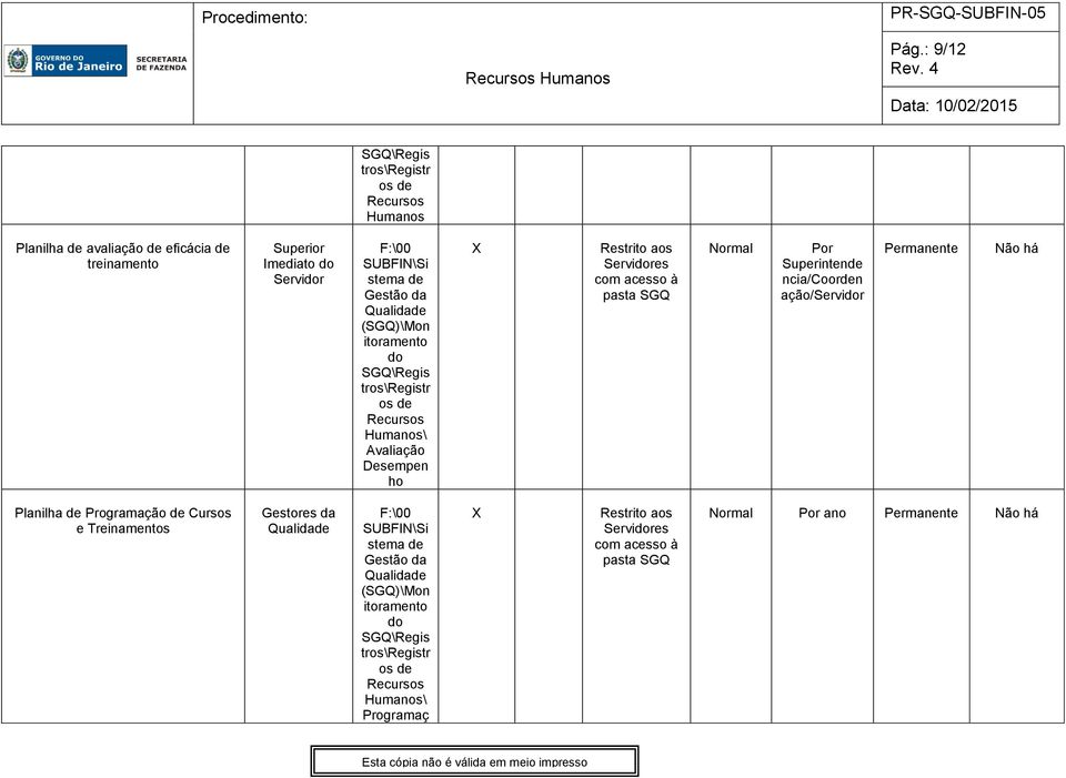 (SGQ)\Mon itoramento do SGQ\Regis tros\registr os de Recursos Humanos\ Avaliação Desempen ho Restrito aos Servidores com acesso à pasta SGQ Normal Por Superintende