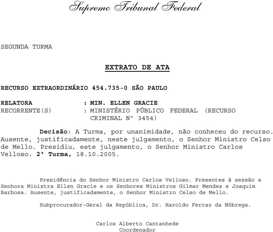 Ausente, justificadamente, neste julgamento, o Senhor Ministro Celso de Mello. Presidiu, este julgamento, o Senhor Ministro Carlos Velloso. 2ª Turma, 18.10.2005.