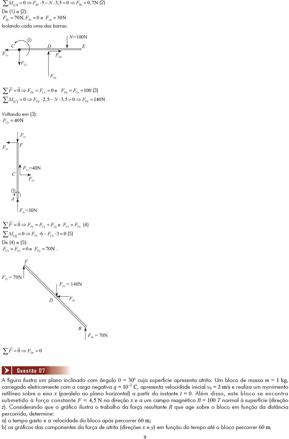 Cx Fx Fy (4) F F Fy 70N F Dy 40N D F Dx B F By 70N F 0 F Dx 0 Questão 07 igura ilustra u plano inclinao co ângulo θ 0º cuja superície apresenta atrito.