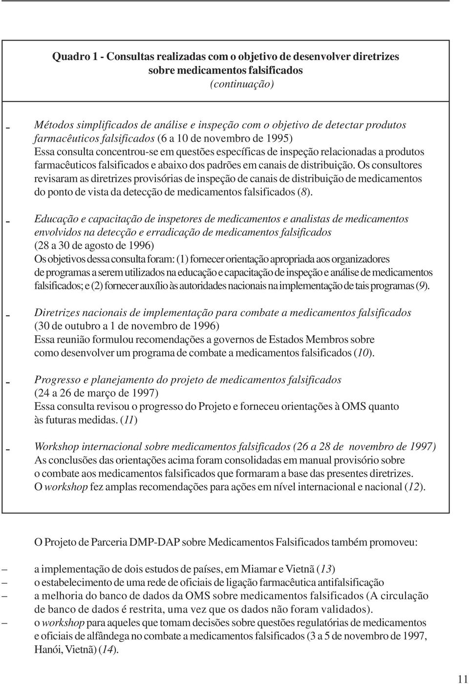 canais de distribuição. Os consultores revisaram as diretrizes provisórias de inspeção de canais de distribuição de medicamentos do ponto de vista da detecção de medicamentos falsificados (8).