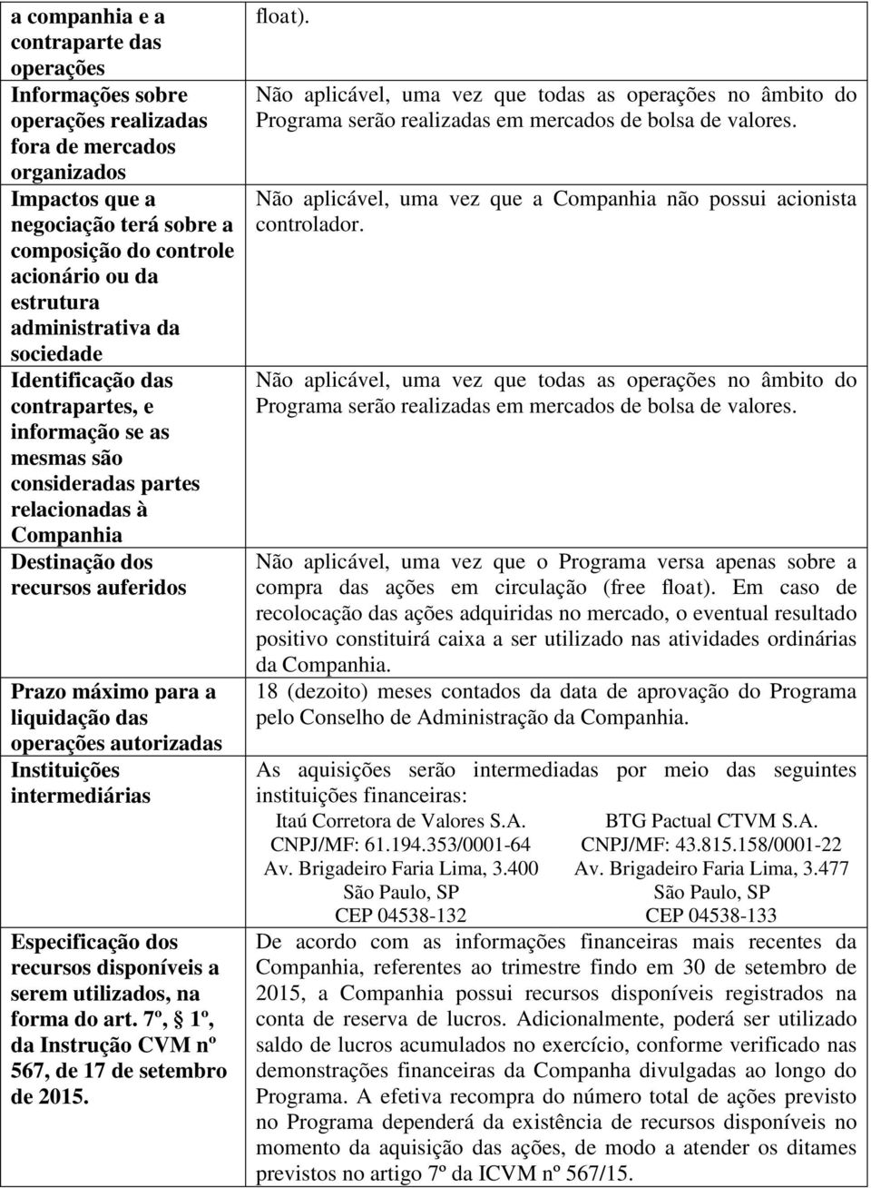 das operações autorizadas Instituições intermediárias Especificação dos recursos disponíveis a serem utilizados, na forma do art. 7º, 1º, da Instrução CVM nº 567, de 17 de setembro de 2015. float).