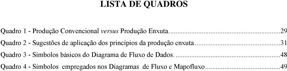 ..29 Quadro 2 - Sugestões de aplicação dos princípios da produção enxuta.