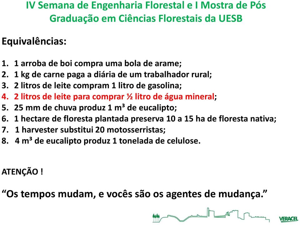 2 litros de leite para comprar ½ litro de água mineral; 5. 25 mm de chuva produz 1 m³ de eucalipto; 6.