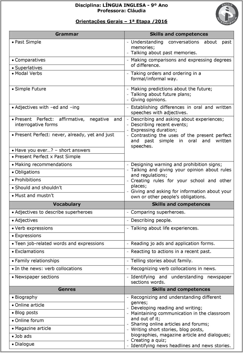 Simple Future Adjectives with ed and ing Present Perfect: affirmative, negative and interrogative forms Present Perfect: never, already, yet and just Have you ever?