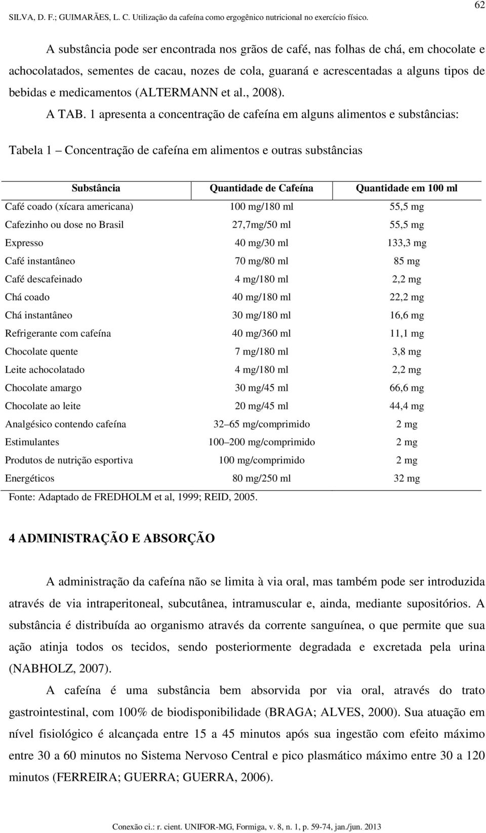 1 apresenta a concentração de cafeína em alguns alimentos e substâncias: Tabela 1 Concentração de cafeína em alimentos e outras substâncias Substância Quantidade de Cafeína Quantidade em 100 ml Café