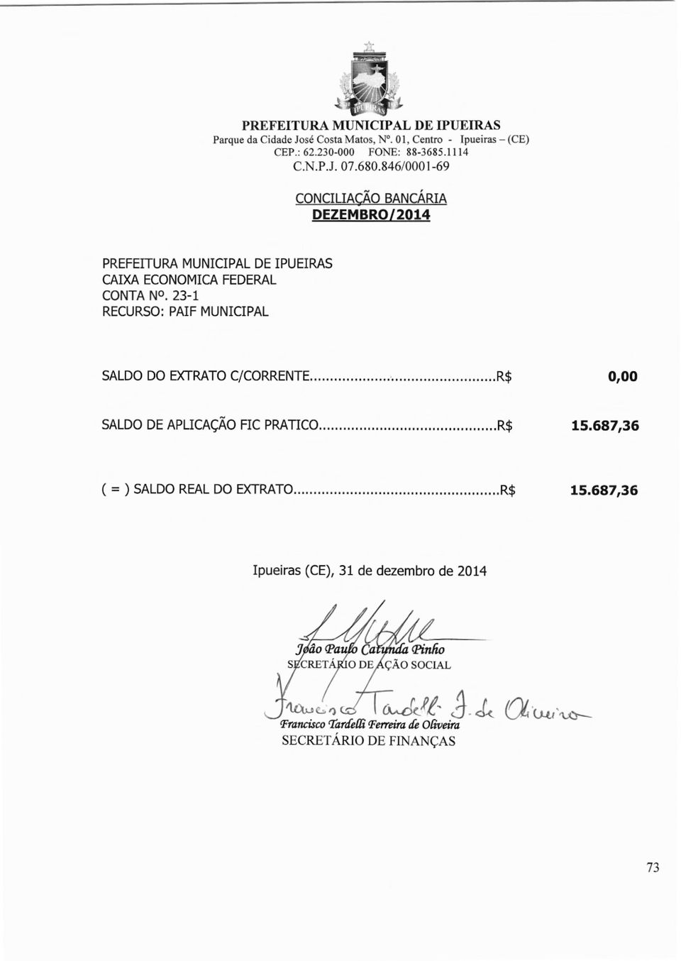 23-1 RECURSO: PAIF MUNICIPAL SALDO DO EXTRATO C/CORRENTE... R$ SALDO DE APUCAcAO FTC PRATICO... R$ 15.