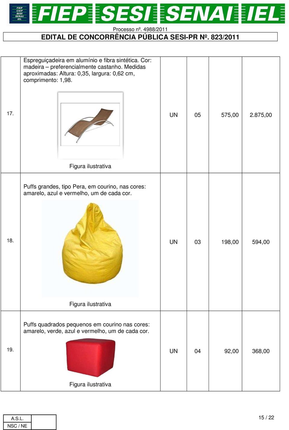 875,00 Figura ilustrativa Puffs grandes, tipo Pera, em courino, nas cores: amarelo, azul e vermelho, um de cada cor. 18.