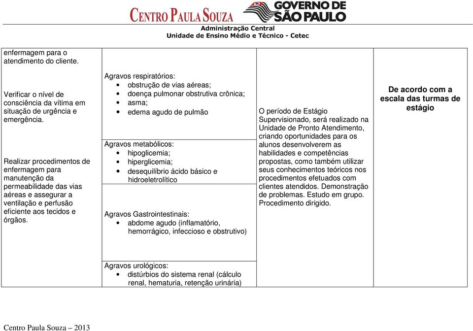 Agravos respiratórios: obstrução de vias aéreas; doença pulmonar obstrutiva crônica; asma; edema agudo de pulmão Agravos metabólicos: hipoglicemia; hiperglicemia; desequilíbrio ácido básico e