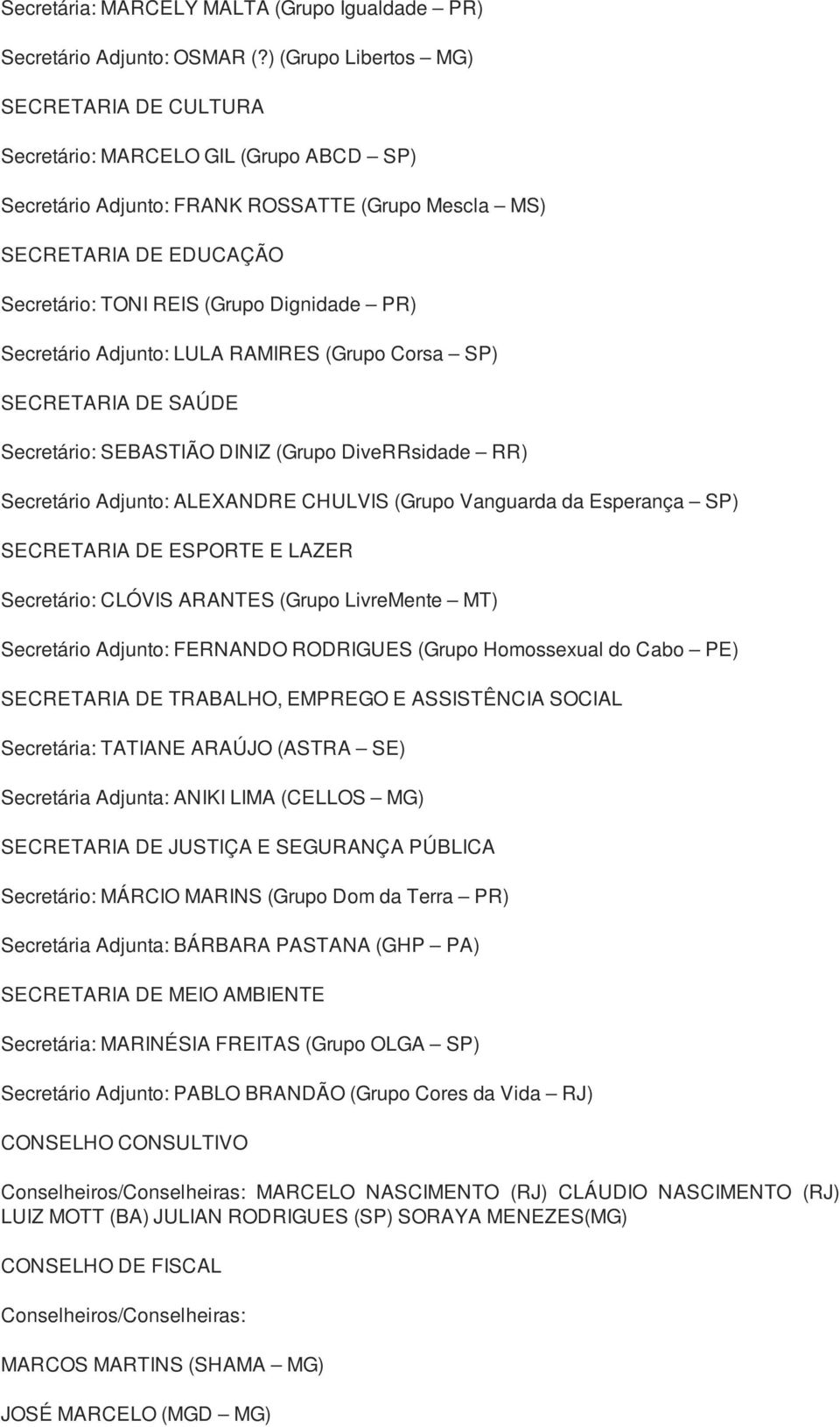 PR) Secretário Adjunto: LULA RAMIRES (Grupo Corsa SP) SECRETARIA DE SAÚDE Secretário: SEBASTIÃO DINIZ (Grupo DiveRRsidade RR) Secretário Adjunto: ALEXANDRE CHULVIS (Grupo Vanguarda da Esperança SP)