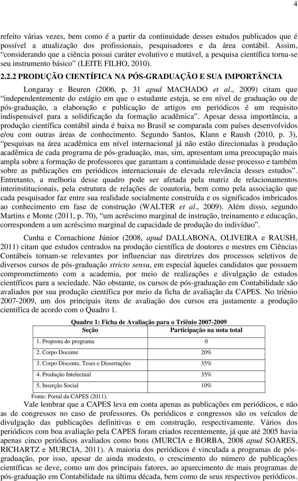 10). 2.2.2 PRODUÇÃO CIENTÍFICA NA PÓS-GRADUAÇÃO E SUA IMPORTÂNCIA Longaray e Beuren (2006, p. 31 apud MACHADO et al.