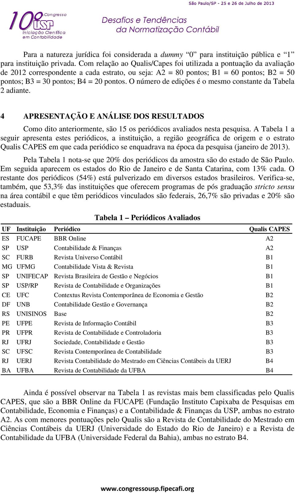 O número de edições é o mesmo constante da Tabela 2 adiante. 4 APRESENTAÇÃO E ANÁLISE DOS RESULTADOS Como dito anteriormente, são 15 os periódicos avaliados nesta pesquisa.