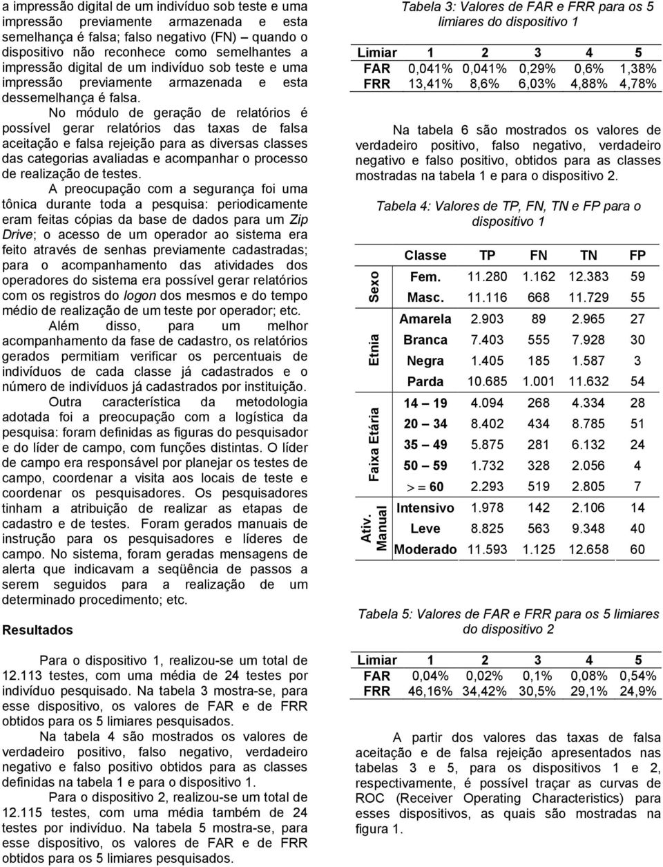 No módulo de geração de relatórios é possível gerar relatórios das taxas de falsa aceitação e falsa rejeição para as diversas classes das categorias avaliadas e acompanhar o processo de realização de