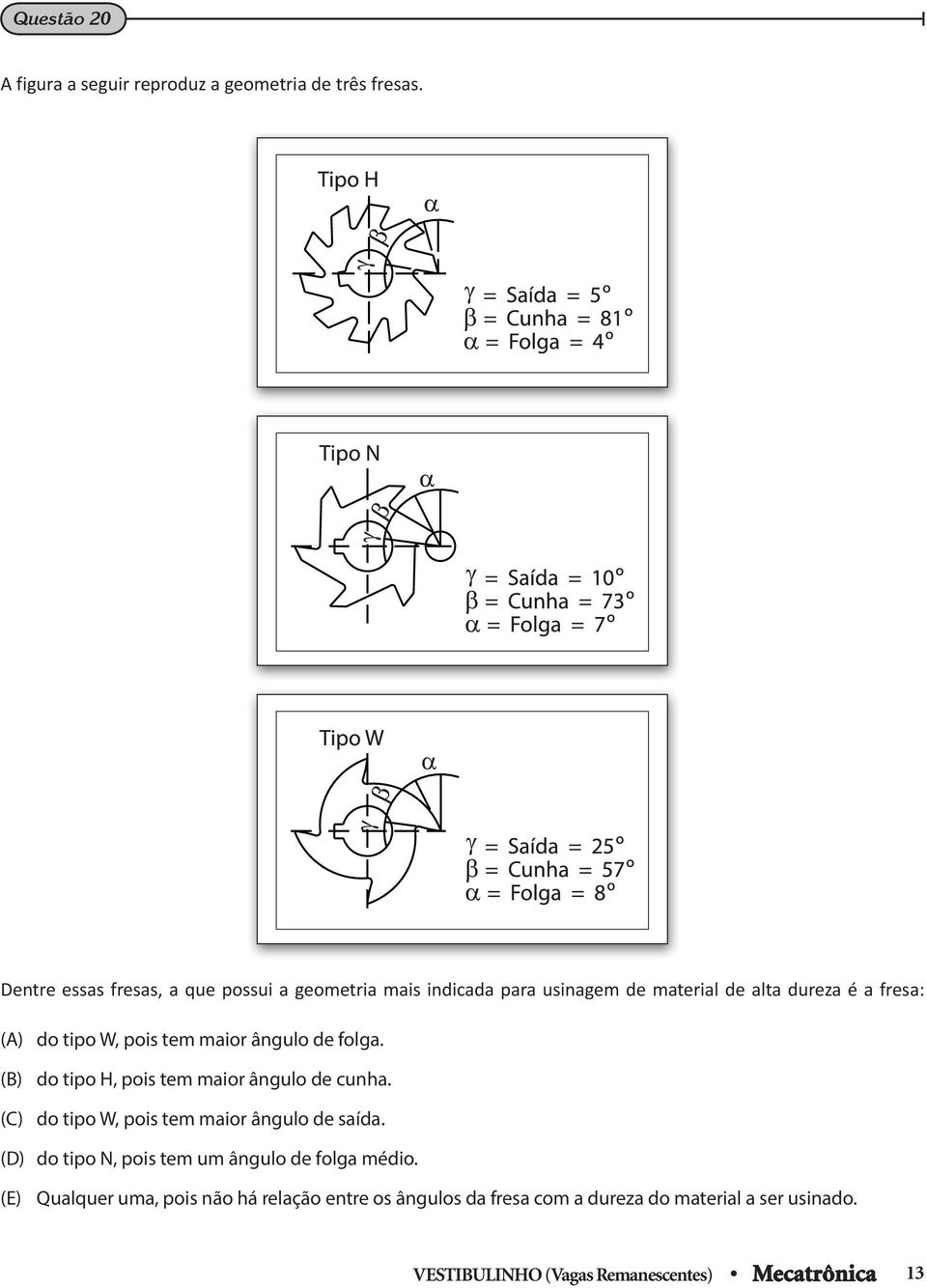 pois tem maior ângulo de folga. (B) do tipo H, pois tem maior ângulo de cunha. (C) do tipo W, pois tem maior ângulo de saída.
