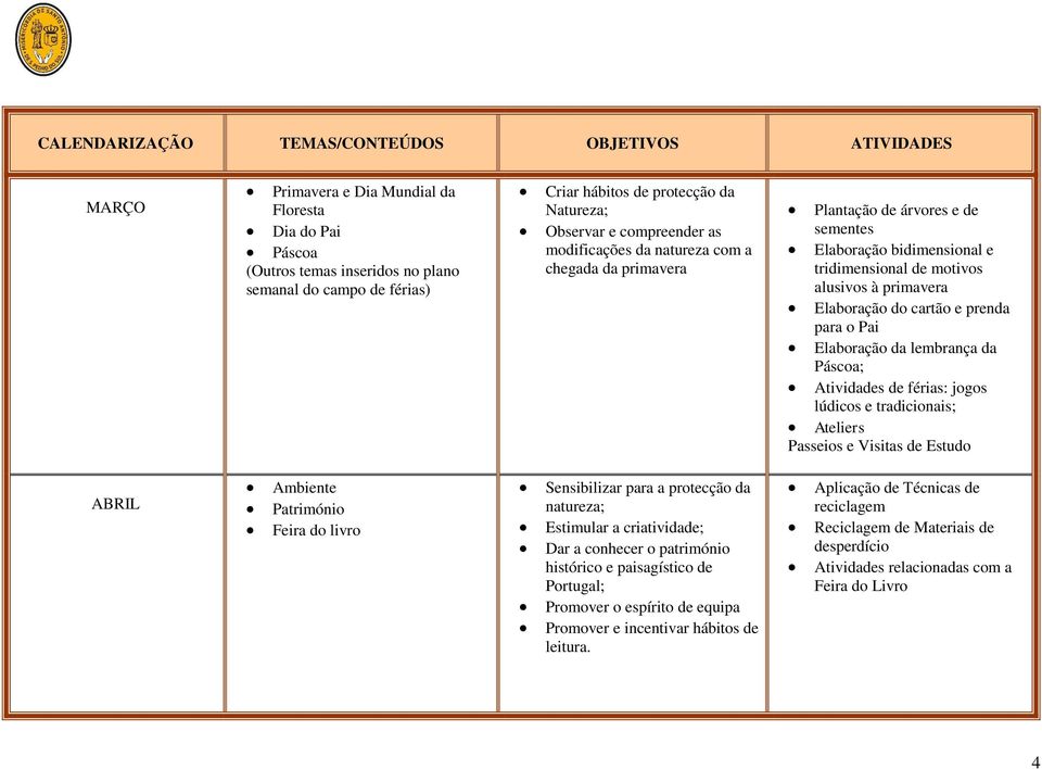 lembrança da Páscoa; Atividades de férias: jogos lúdicos e tradicionais; Ateliers Passeios e Visitas de Estudo ABRIL Ambiente Património Feira do livro Sensibilizar para a