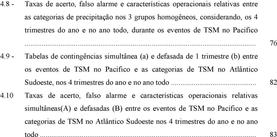 9 - Tabelas de contingências simultânea (a) e defasada de 1 trimestre (b) entre os eventos de TSM no Pacífico e as categorias de TSM no Atlântico Sudoeste, nos 4