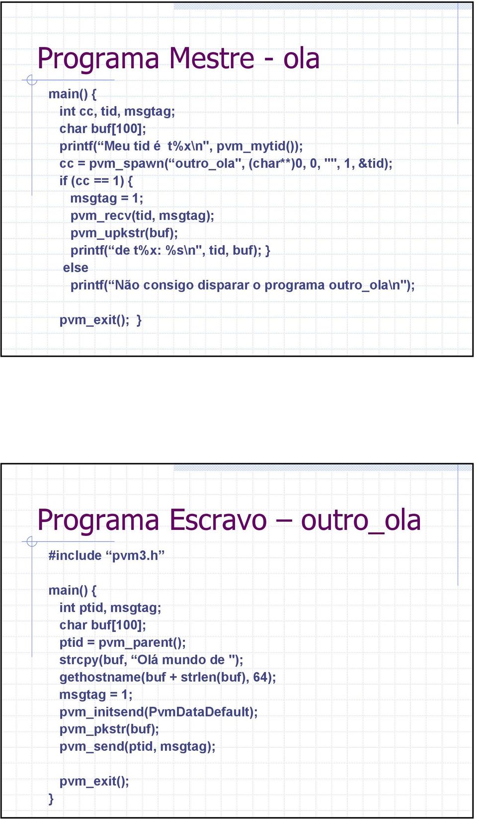 o programa outro_ola\n"); pvm_exit(); } Programa Escravo outro_ola #include pvm3.